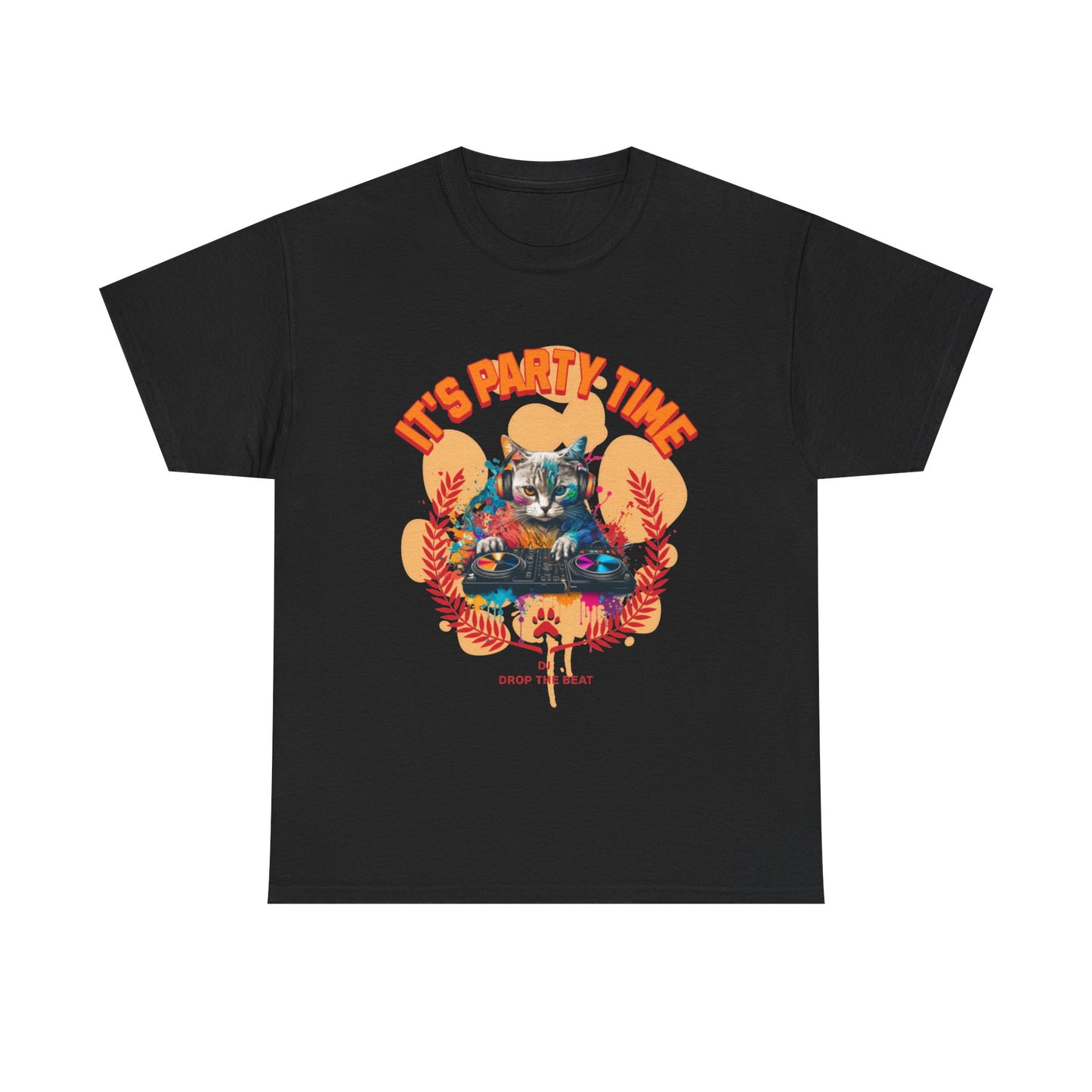 Cat DJ Tee Shirt - it’s Party Time Unisex Heavy Cotton Tee