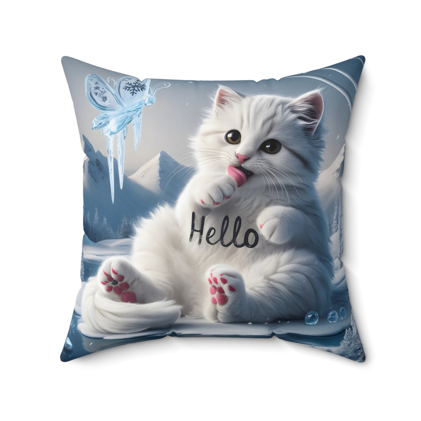 Cute White Kitty say “Hello” | Spun Polyester Square Pillow