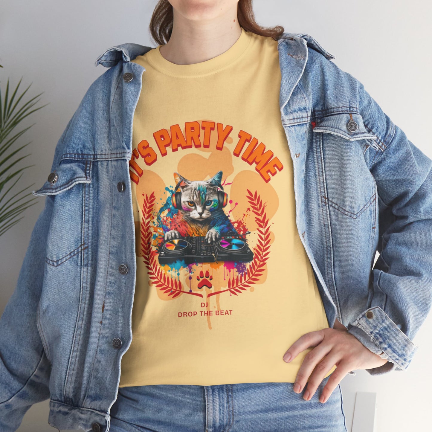 Cat DJ Tee Shirt - it’s Party Time Unisex Heavy Cotton Tee