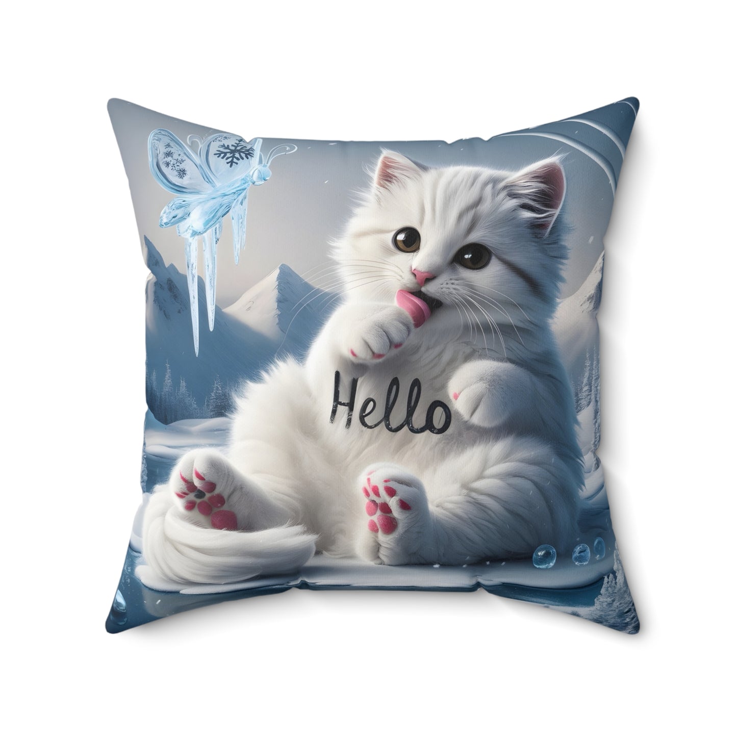 Cute White Kitty say “Hello” | Spun Polyester Square Pillow