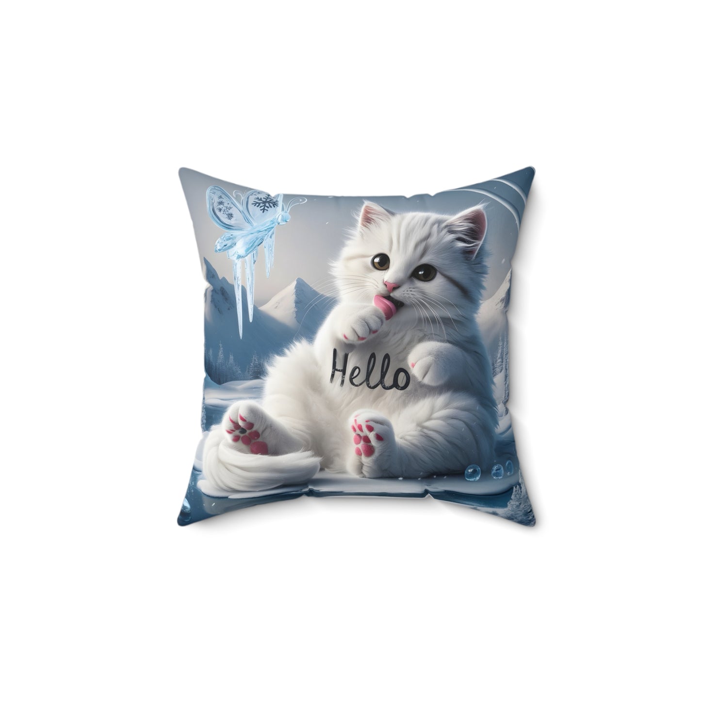 Cute White Kitty say “Hello” | Spun Polyester Square Pillow