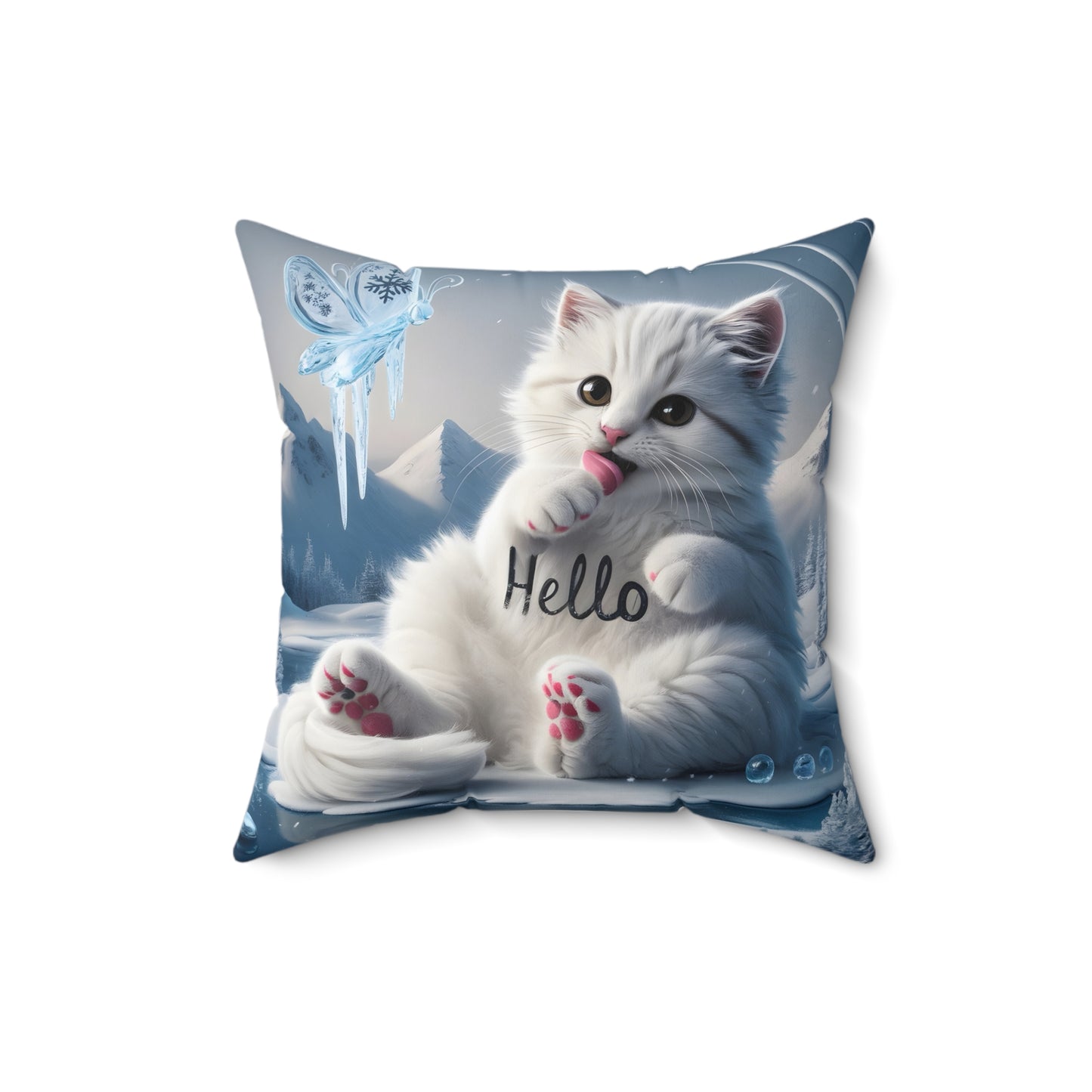 Cute White Kitty say “Hello” | Spun Polyester Square Pillow