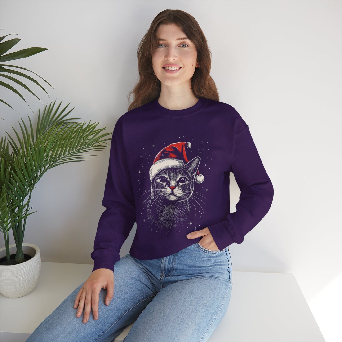 Cute Cat Play Snow Winter Christmas Design | Crewneck Sweatshirt