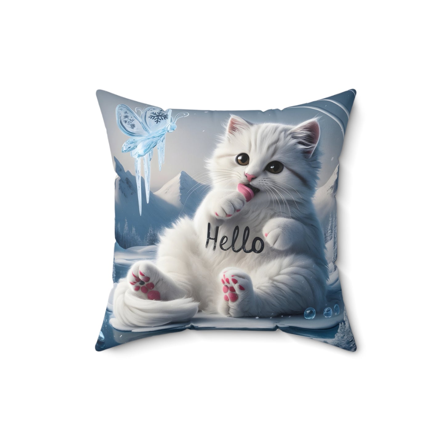 Cute White Kitty say “Hello” | Spun Polyester Square Pillow