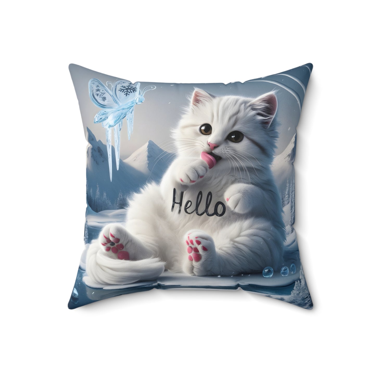 Cute White Kitty say “Hello” | Spun Polyester Square Pillow