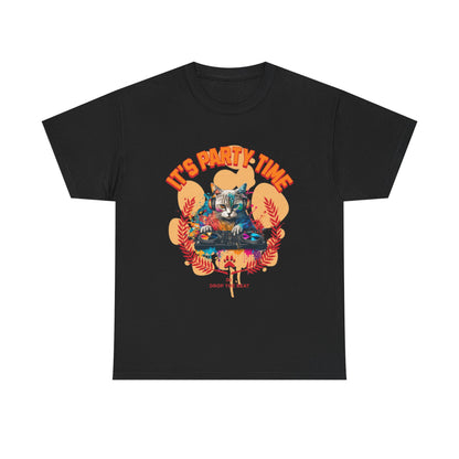 Cat DJ Tee Shirt - it’s Party Time Unisex Heavy Cotton Tee