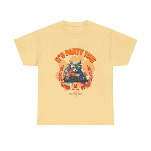 Cat DJ Tee Shirt - it’s Party Time Unisex Heavy Cotton Tee